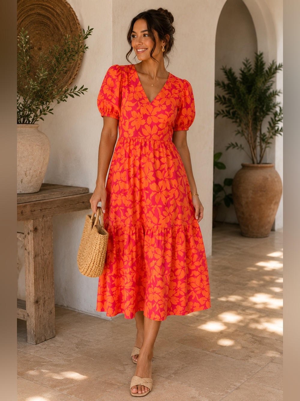 J.Crew Orange Pink Floral Midi Dress Size 12 Puff Sleeve Tiered Cotton